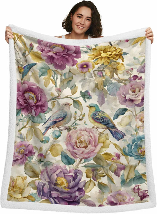 Spring Flowers Throw Blanket Vintage Pink Purple Flower Bird Waterproof Leaf Super Soft Warm Flannel Fleece Blanket - Lightweight&Breathable for Bed Sofa Couch Camping Chair 39"x49"