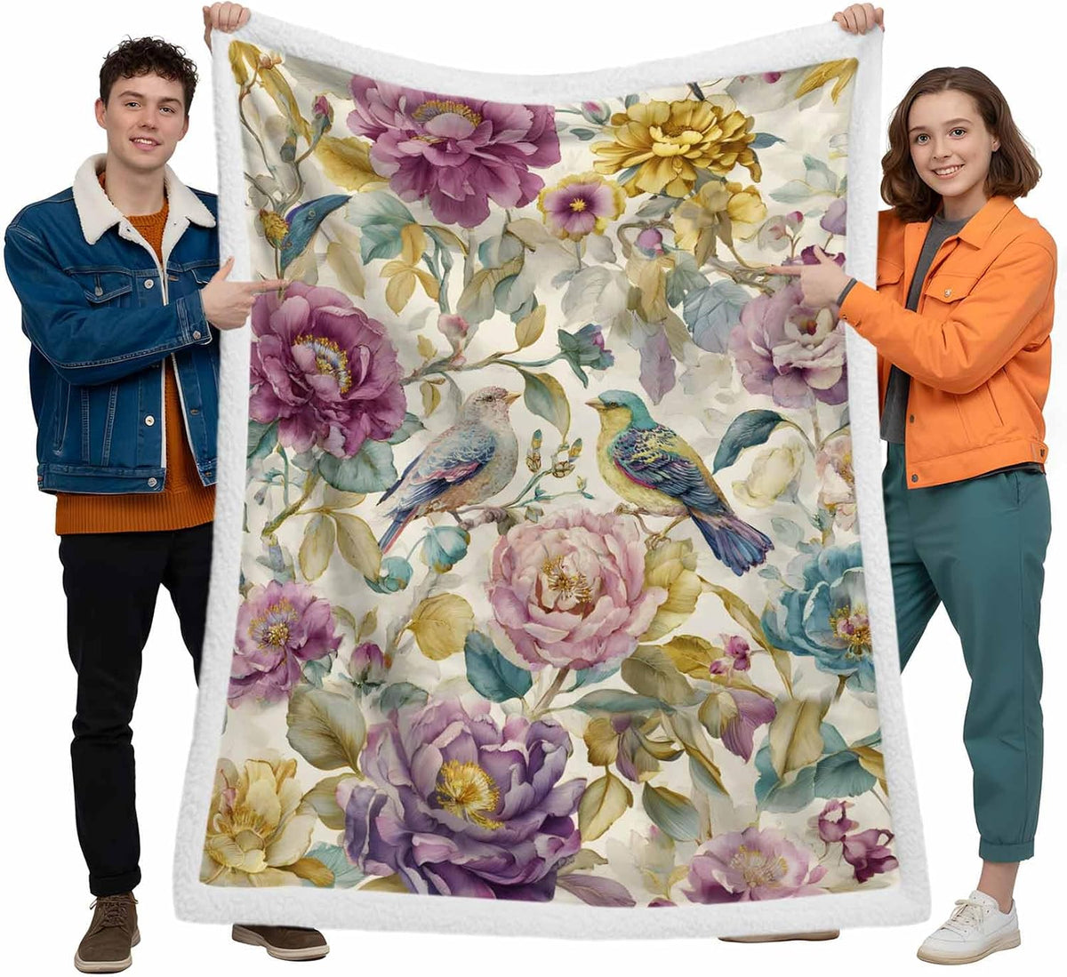 Spring Flowers Throw Blanket Vintage Pink Purple Flower Bird Waterproof Leaf Super Soft Warm Flannel Fleece Blanket - Lightweight&Breathable for Bed Sofa Couch Camping Chair 39"x49"