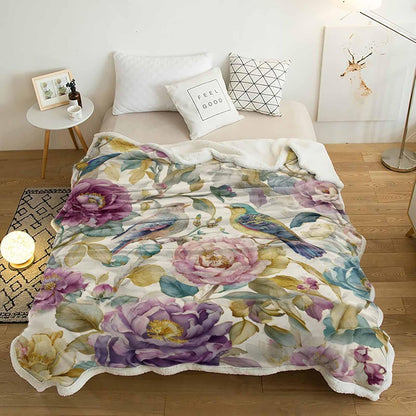Spring Flowers Throw Blanket Vintage Pink Purple Flower Bird Waterproof Leaf Super Soft Warm Flannel Fleece Blanket - Lightweight&Breathable for Bed Sofa Couch Camping Chair 39"x49"