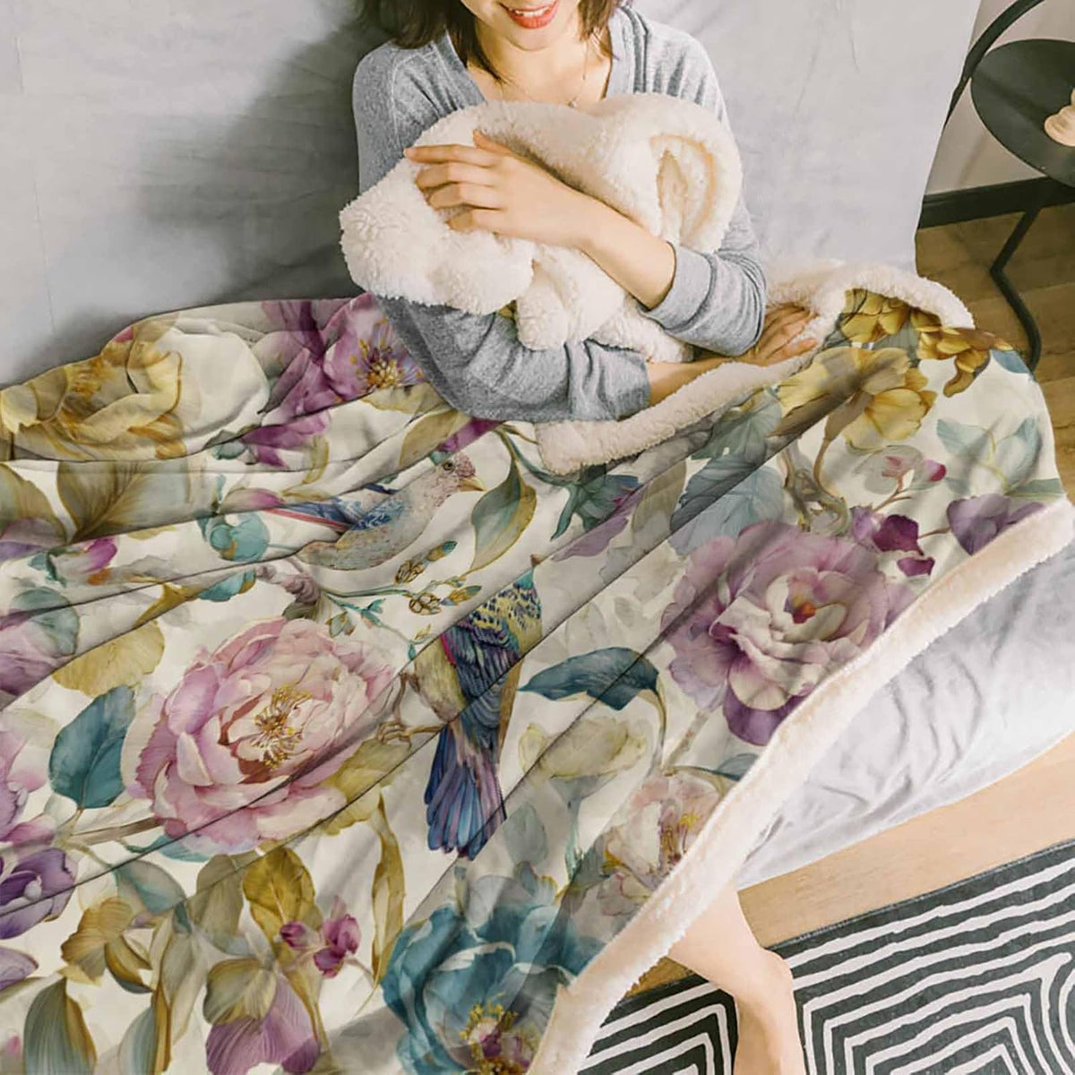 Spring Flowers Throw Blanket Vintage Pink Purple Flower Bird Waterproof Leaf Super Soft Warm Flannel Fleece Blanket - Lightweight&Breathable for Bed Sofa Couch Camping Chair 39"x49"