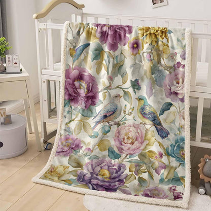 Spring Flowers Throw Blanket Vintage Pink Purple Flower Bird Waterproof Leaf Super Soft Warm Flannel Fleece Blanket - Lightweight&Breathable for Bed Sofa Couch Camping Chair 39"x49"