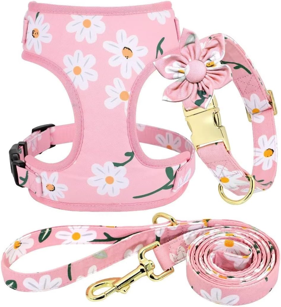 Cute Dog Collars,Harnesses,Leashes Set, Floral Pattern, Pink-1,S