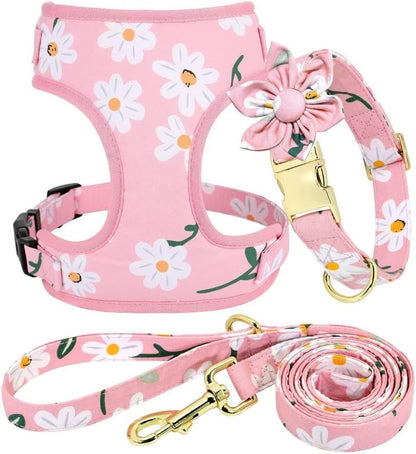 Cute Dog Collars,Harnesses,Leashes Set, Floral Pattern, Pink-1,S