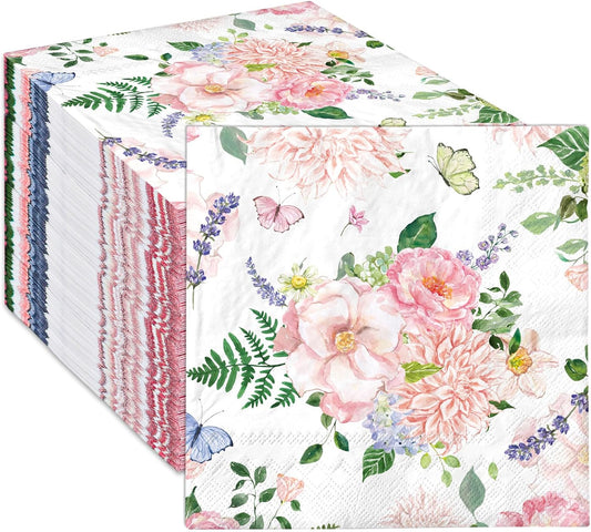 FYSUIMU 50Pcs Pink Floral Luncheon Napkins Spring Watercolor Flower Butterfly Disposable Paper Napkin Peony Blossom Dessert Dinner Hand Napkin for Mother's Day Wedding Baby Shower Birthday Party Decor