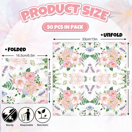 FYSUIMU 50Pcs Pink Floral Luncheon Napkins Spring Watercolor Flower Butterfly Disposable Paper Napkin Peony Blossom Dessert Dinner Hand Napkin for Mother's Day Wedding Baby Shower Birthday Party Decor