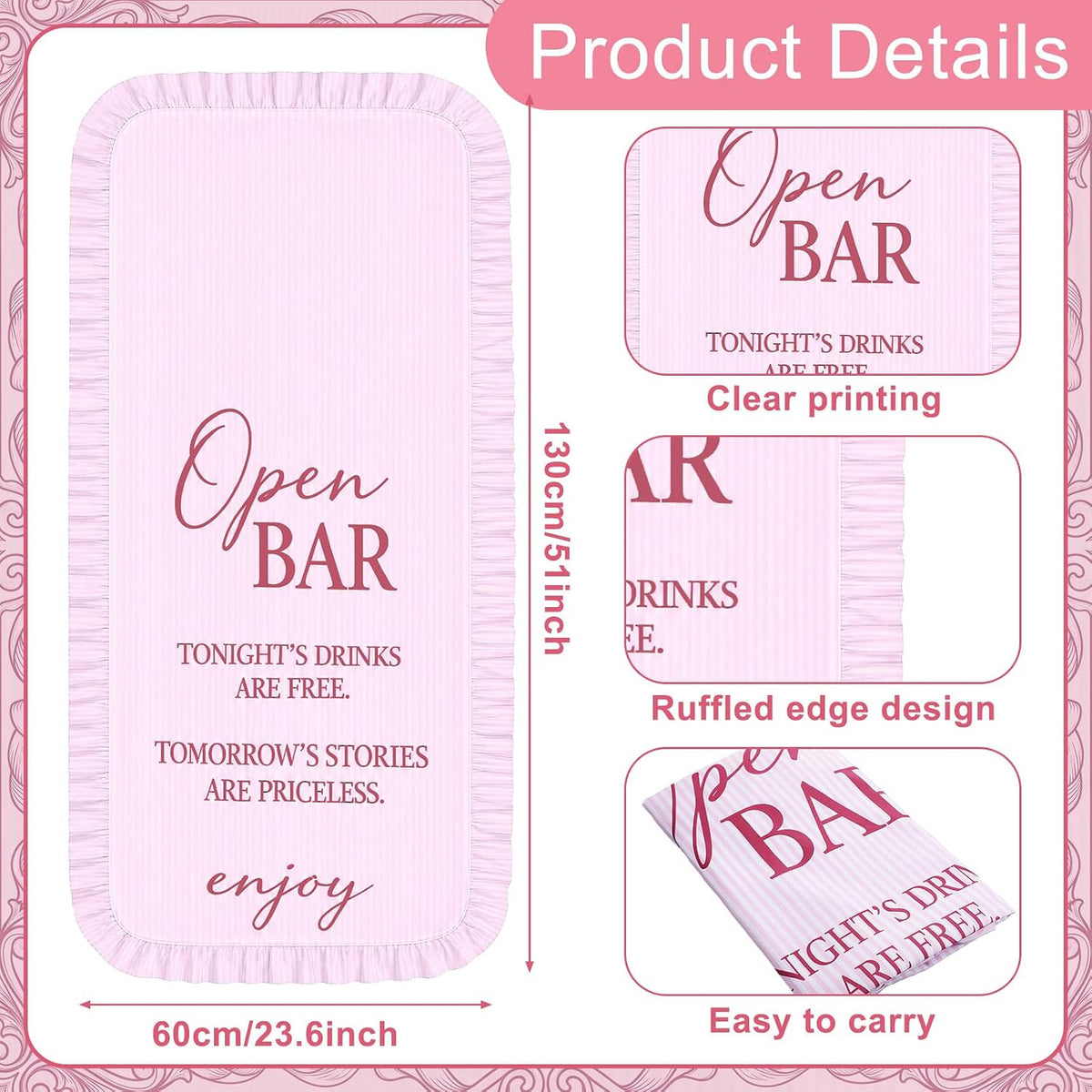 Fabric Wedding Bar Sign Ruffle Wedding Open Bar Table Decor, Pink