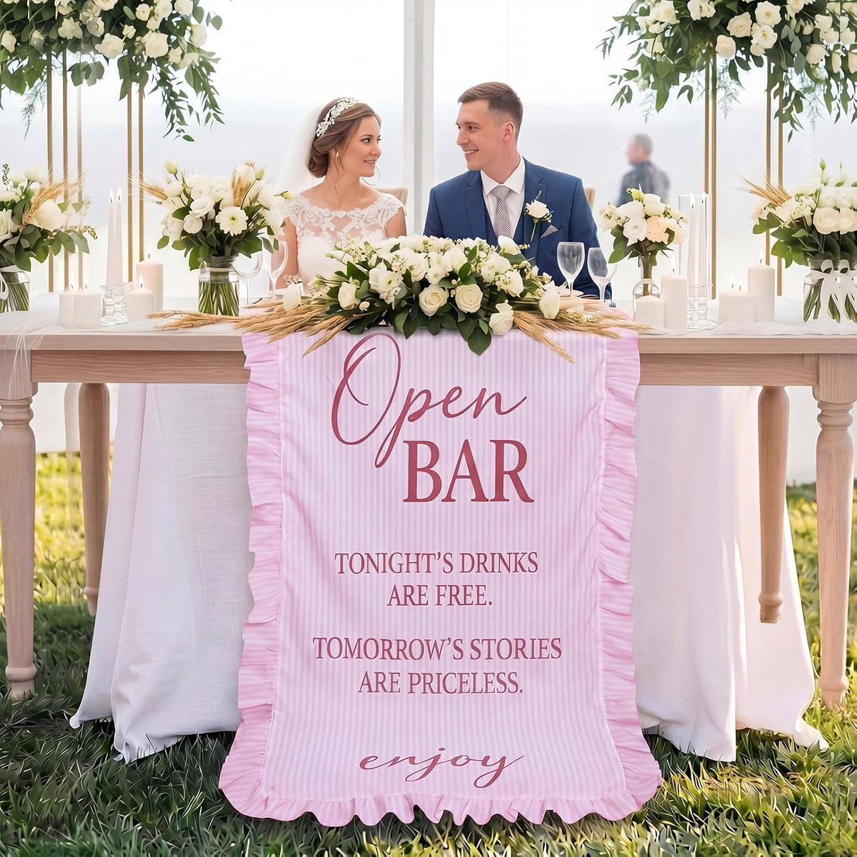 Fabric Wedding Bar Sign Ruffle Wedding Open Bar Table Decor, Pink