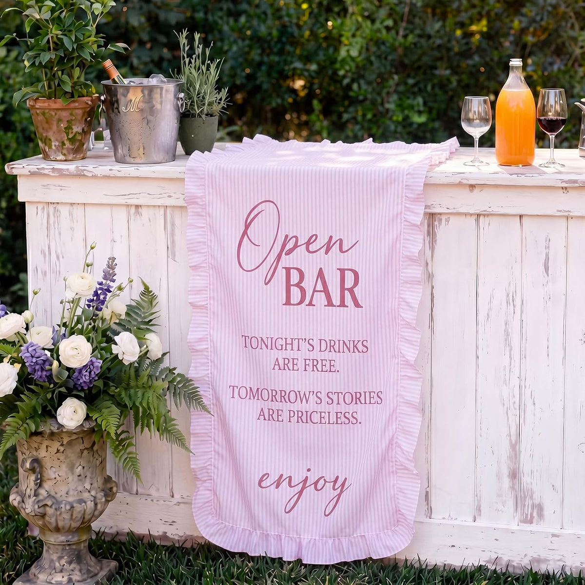 Fabric Wedding Bar Sign Ruffle Wedding Open Bar Table Decor, Pink