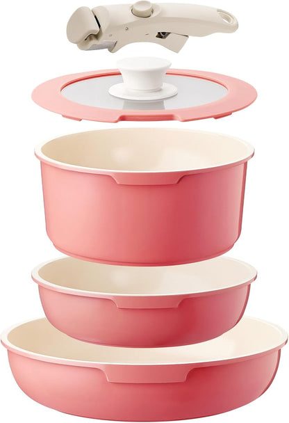 Ceramic Pots and Pans Set Non Stick Pink, 5Pcs Nonstick Cookware Set with Detachable Handle RV Camping Induction Kitchen Cookware Set Non Stick, PFAS PFOA & PTFE Free