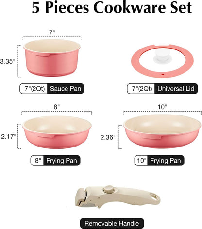 Ceramic Pots and Pans Set Non Stick Pink, 5Pcs Nonstick Cookware Set with Detachable Handle RV Camping Induction Kitchen Cookware Set Non Stick, PFAS PFOA & PTFE Free