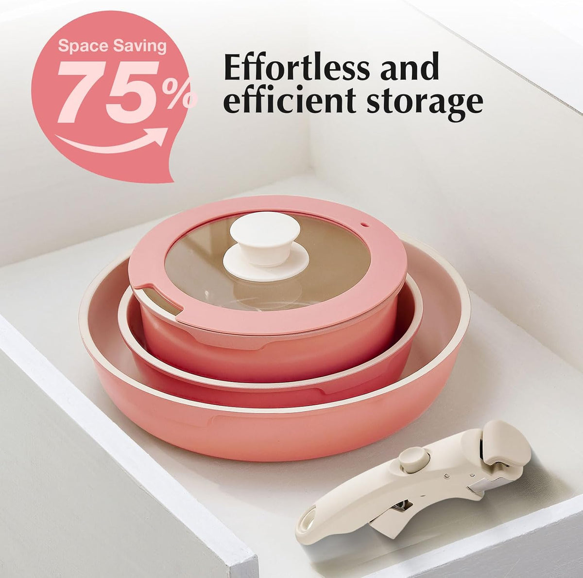 Ceramic Pots and Pans Set Non Stick Pink, 5Pcs Nonstick Cookware Set with Detachable Handle RV Camping Induction Kitchen Cookware Set Non Stick, PFAS PFOA & PTFE Free