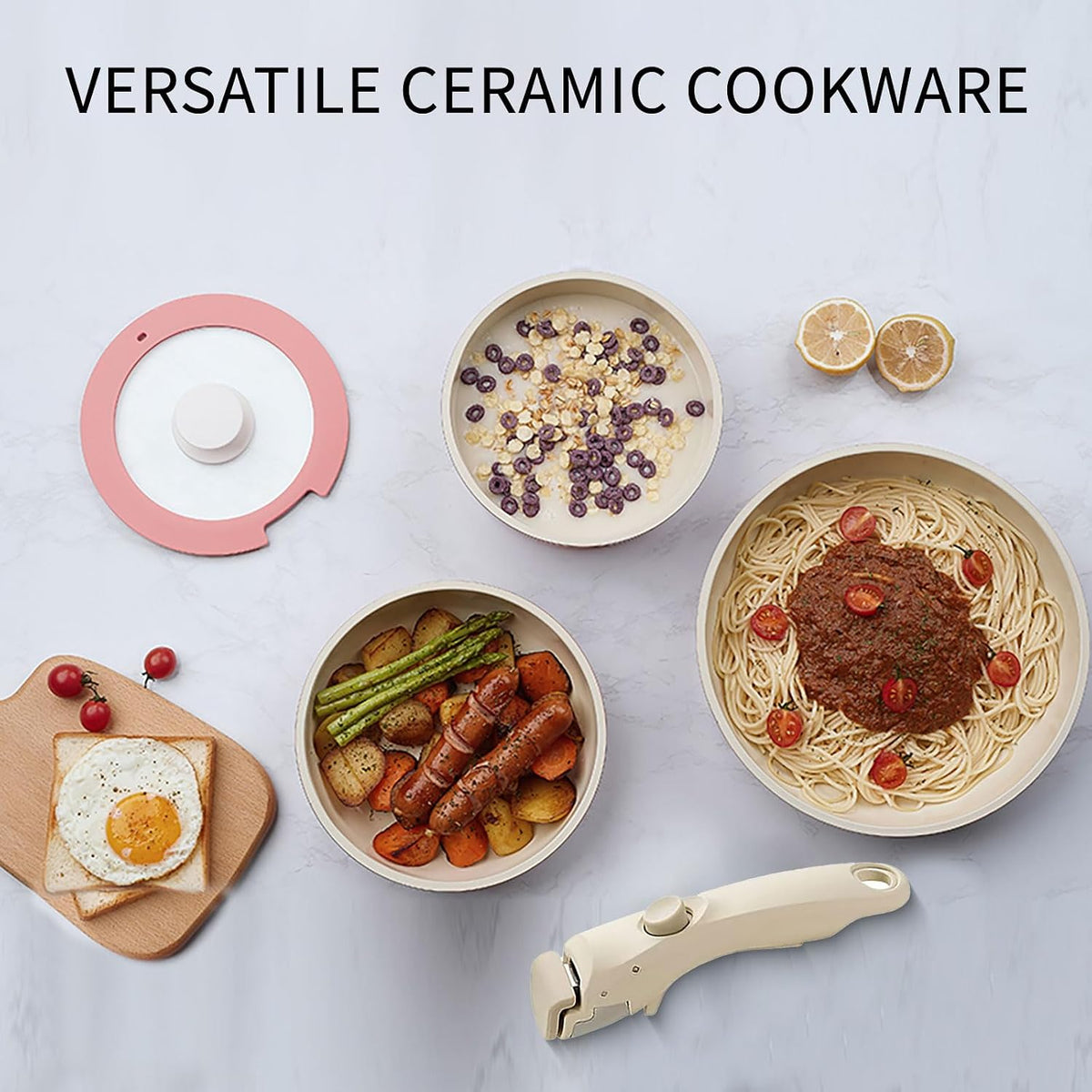 Ceramic Pots and Pans Set Non Stick Pink, 5Pcs Nonstick Cookware Set with Detachable Handle RV Camping Induction Kitchen Cookware Set Non Stick, PFAS PFOA & PTFE Free