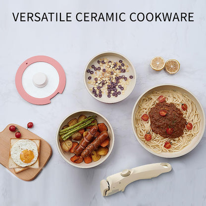 Ceramic Pots and Pans Set Non Stick Pink, 5Pcs Nonstick Cookware Set with Detachable Handle RV Camping Induction Kitchen Cookware Set Non Stick, PFAS PFOA & PTFE Free