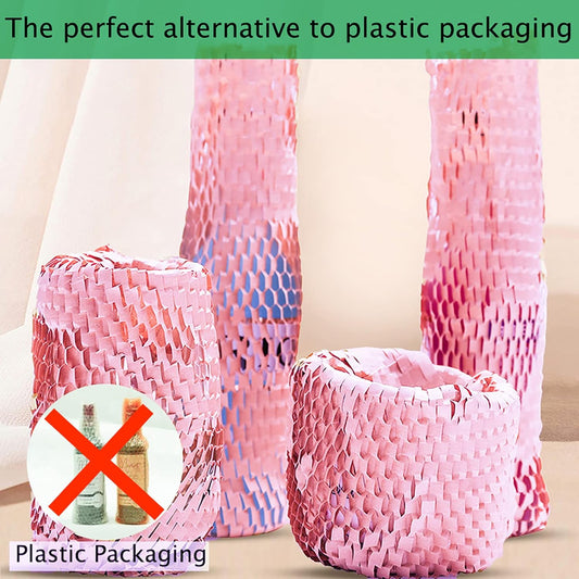 Pink Honeycomb Wrapping Paper Wrap 15"x131' Sustainable Alternative to Bubble Wrap for Moving/Transporting/Packaging Rolls with 20 Fragile Stickers Biodegradable and Fully Recyclable…