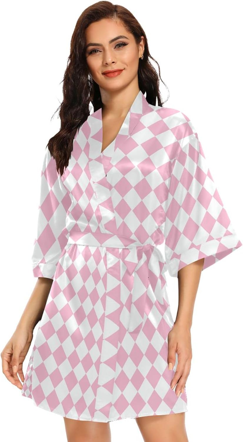 Pink White Check Women's Kimono Robes, Bathrobe Nightwear Skin-friendly Satin Robe Loose