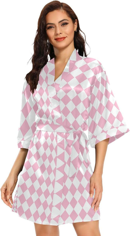 Pink White Check Women's Kimono Robes, Bathrobe Nightwear Skin-friendly Satin Robe Loose