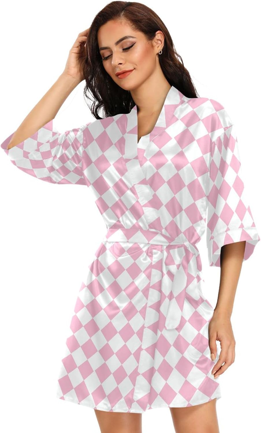 Pink White Check Women's Kimono Robes, Bathrobe Nightwear Skin-friendly Satin Robe Loose