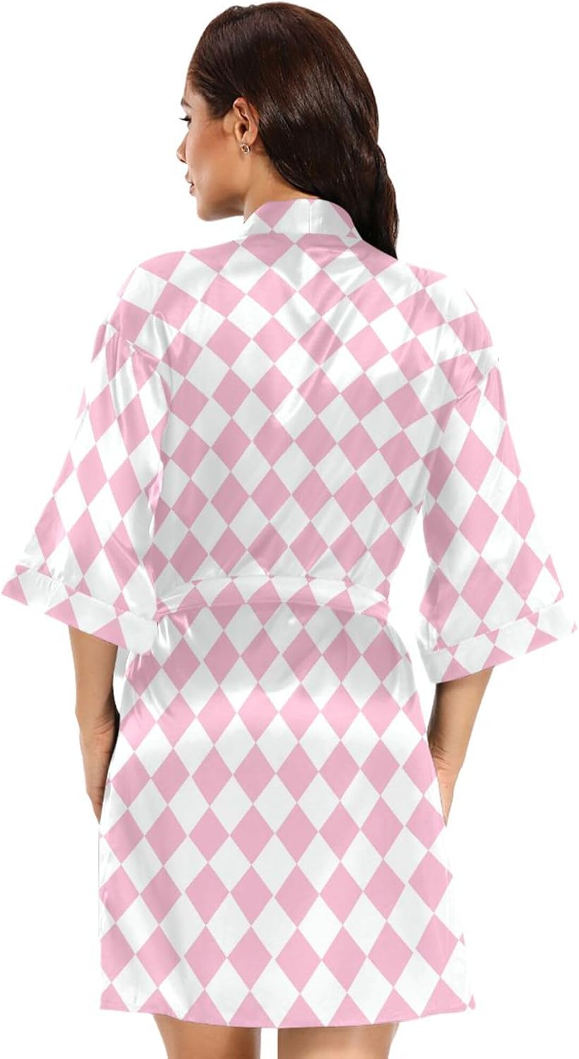 Pink White Check Women's Kimono Robes, Bathrobe Nightwear Skin-friendly Satin Robe Loose