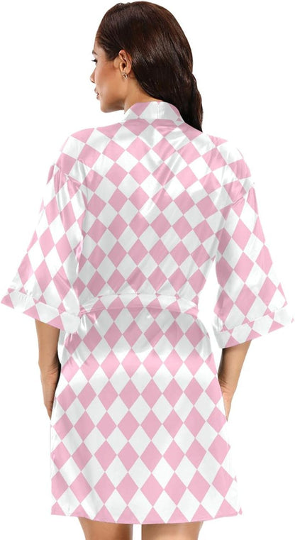 Pink White Check Women's Kimono Robes, Bathrobe Nightwear Skin-friendly Satin Robe Loose