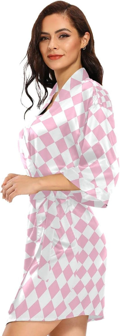 Pink White Check Women's Kimono Robes, Bathrobe Nightwear Skin-friendly Satin Robe Loose