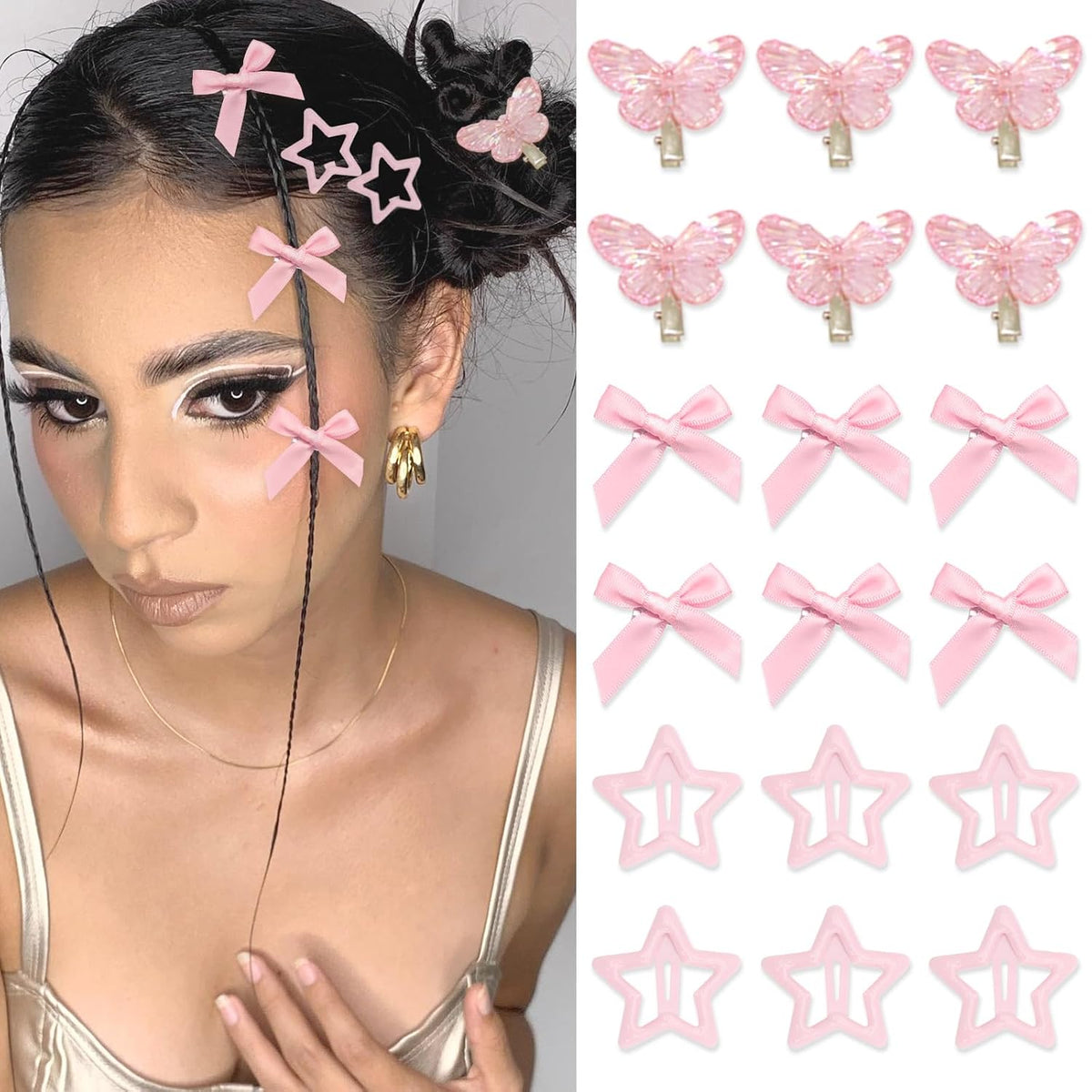 18PCS Pink Hair Clips Metal Non Slip Star Hair Snap Clips Aurora Butterfly Hairpin Y2K Hair Barrettes for Girls Women