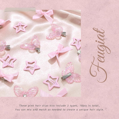 18PCS Pink Hair Clips Metal Non Slip Star Hair Snap Clips Aurora Butterfly Hairpin Y2K Hair Barrettes for Girls Women