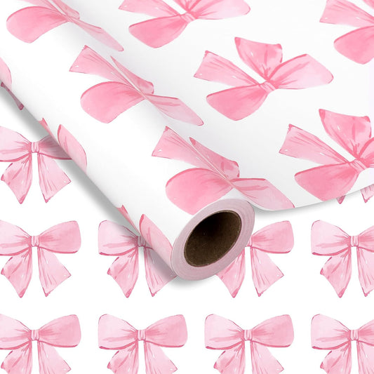 Pink Bow Wrapping Paper -Mini Roll- 17In x 32.8 Ft Watercolor Bow Knot Gift Wrap Sheet Sweet Craft Paper for Mother's Day Girls Birthday Wedding Baby Shower Party Packing Supplies