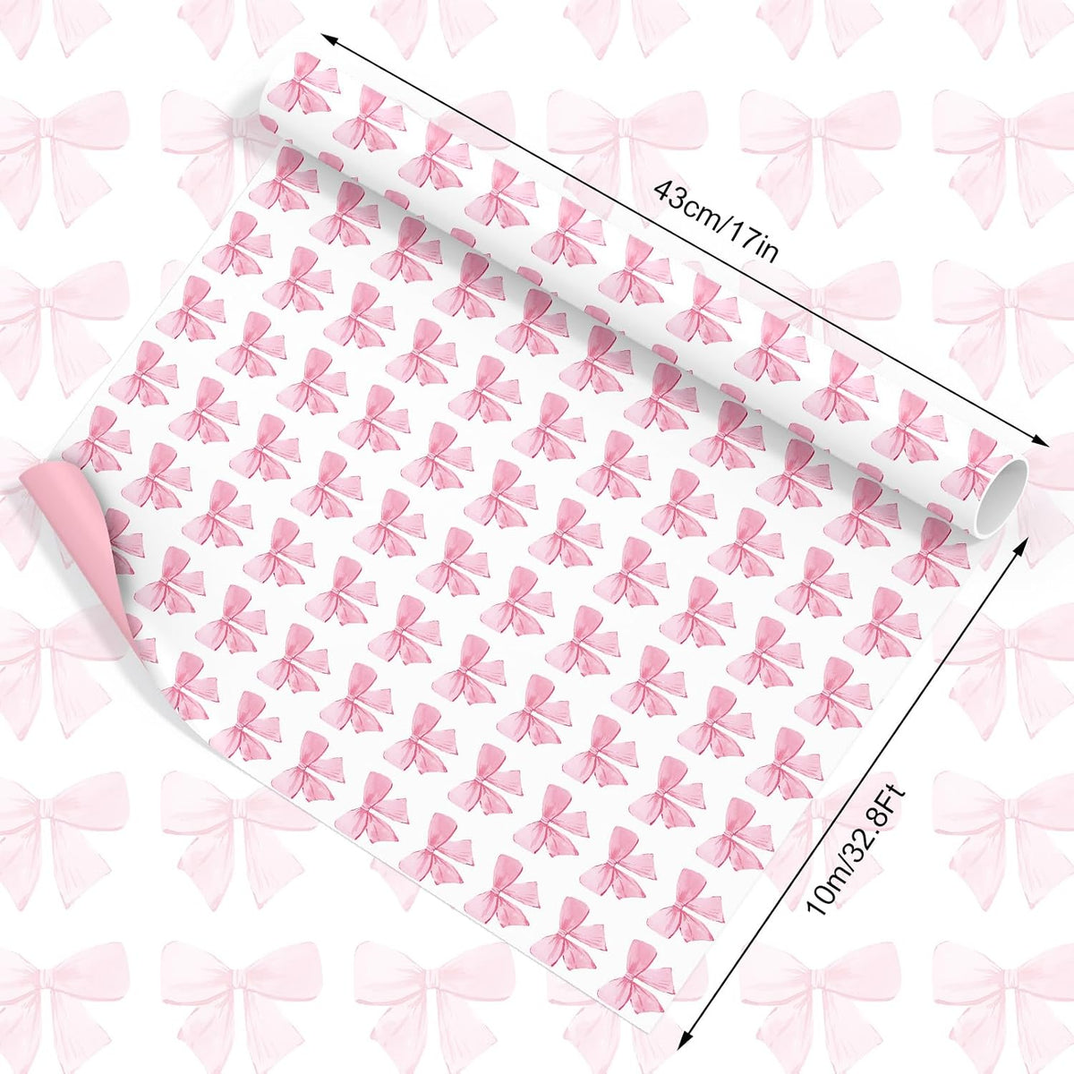 Pink Bow Wrapping Paper -Mini Roll- 17In x 32.8 Ft Watercolor Bow Knot Gift Wrap Sheet Sweet Craft Paper for Mother's Day Girls Birthday Wedding Baby Shower Party Packing Supplies