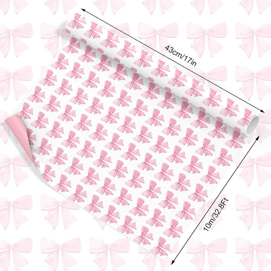 Pink Bow Wrapping Paper -Mini Roll- 17In x 32.8 Ft Watercolor Bow Knot Gift Wrap Sheet Sweet Craft Paper for Mother's Day Girls Birthday Wedding Baby Shower Party Packing Supplies