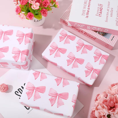 Pink Bow Wrapping Paper -Mini Roll- 17In x 32.8 Ft Watercolor Bow Knot Gift Wrap Sheet Sweet Craft Paper for Mother's Day Girls Birthday Wedding Baby Shower Party Packing Supplies