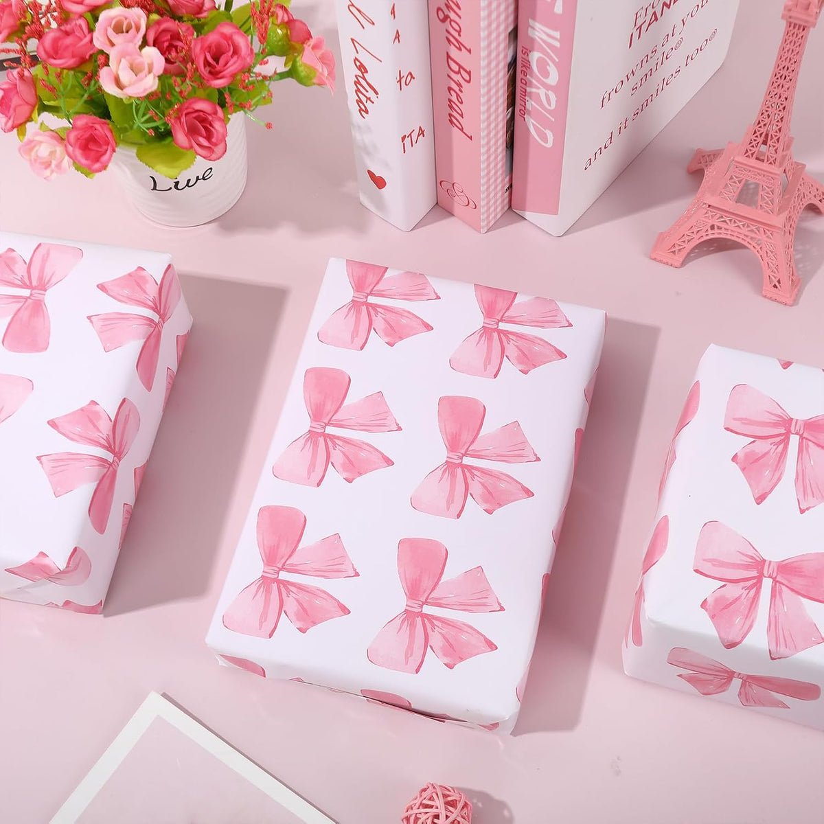 Pink Bow Wrapping Paper -Mini Roll- 17In x 32.8 Ft Watercolor Bow Knot Gift Wrap Sheet Sweet Craft Paper for Mother's Day Girls Birthday Wedding Baby Shower Party Packing Supplies