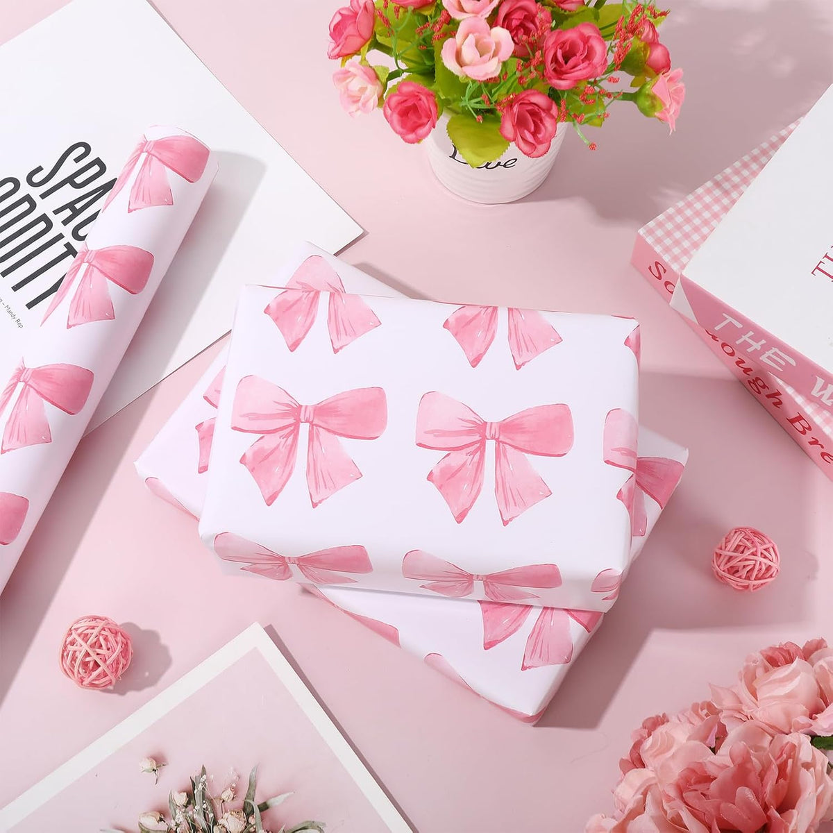 Pink Bow Wrapping Paper -Mini Roll- 17In x 32.8 Ft Watercolor Bow Knot Gift Wrap Sheet Sweet Craft Paper for Mother's Day Girls Birthday Wedding Baby Shower Party Packing Supplies