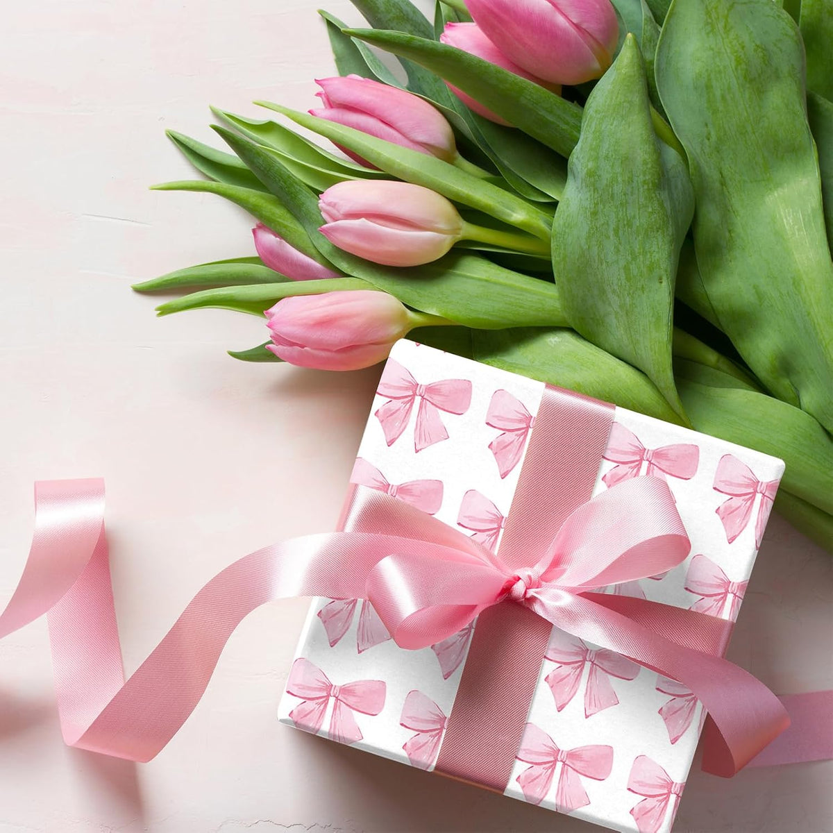 Pink Bow Wrapping Paper -Mini Roll- 17In x 32.8 Ft Watercolor Bow Knot Gift Wrap Sheet Sweet Craft Paper for Mother's Day Girls Birthday Wedding Baby Shower Party Packing Supplies
