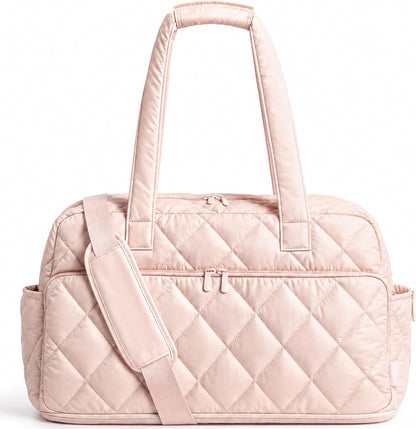 Duffel Bag for Women Travel, Expandable Quilted Weekender Overnight Duffle Bag with Adjustable Strap, Lightweight 33L Personal Item Bag Hospital Bags for Labor and Delivery, Pink