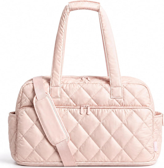 Duffel Bag for Women Travel, Expandable Quilted Weekender Overnight Duffle Bag with Adjustable Strap, Lightweight 33L Personal Item Bag Hospital Bags for Labor and Delivery, Pink