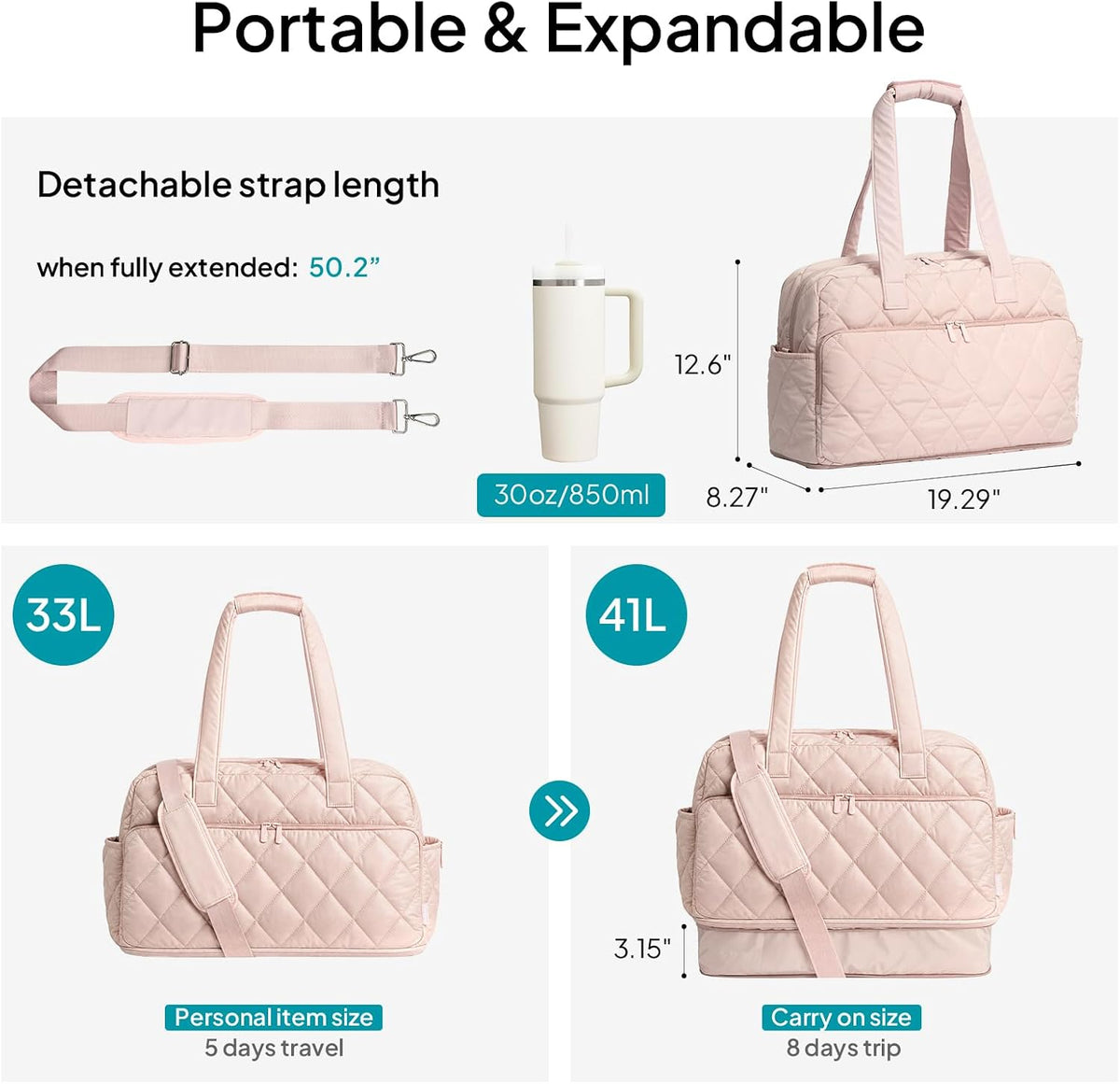 Duffel Bag for Women Travel, Expandable Quilted Weekender Overnight Duffle Bag with Adjustable Strap, Lightweight 33L Personal Item Bag Hospital Bags for Labor and Delivery, Pink