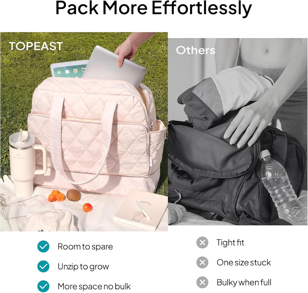 Duffel Bag for Women Travel, Expandable Quilted Weekender Overnight Duffle Bag with Adjustable Strap, Lightweight 33L Personal Item Bag Hospital Bags for Labor and Delivery, Pink