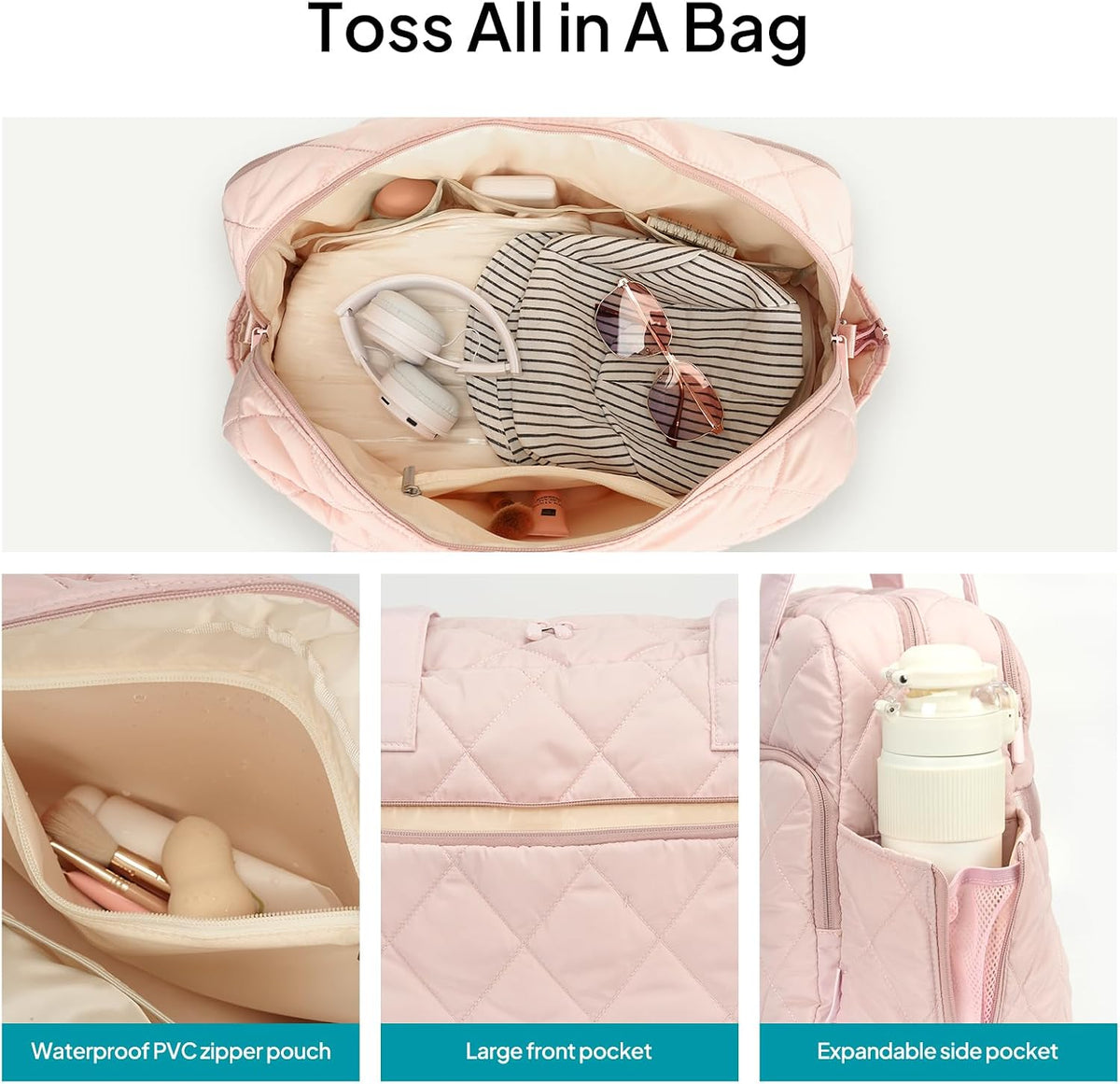 Duffel Bag for Women Travel, Expandable Quilted Weekender Overnight Duffle Bag with Adjustable Strap, Lightweight 33L Personal Item Bag Hospital Bags for Labor and Delivery, Pink