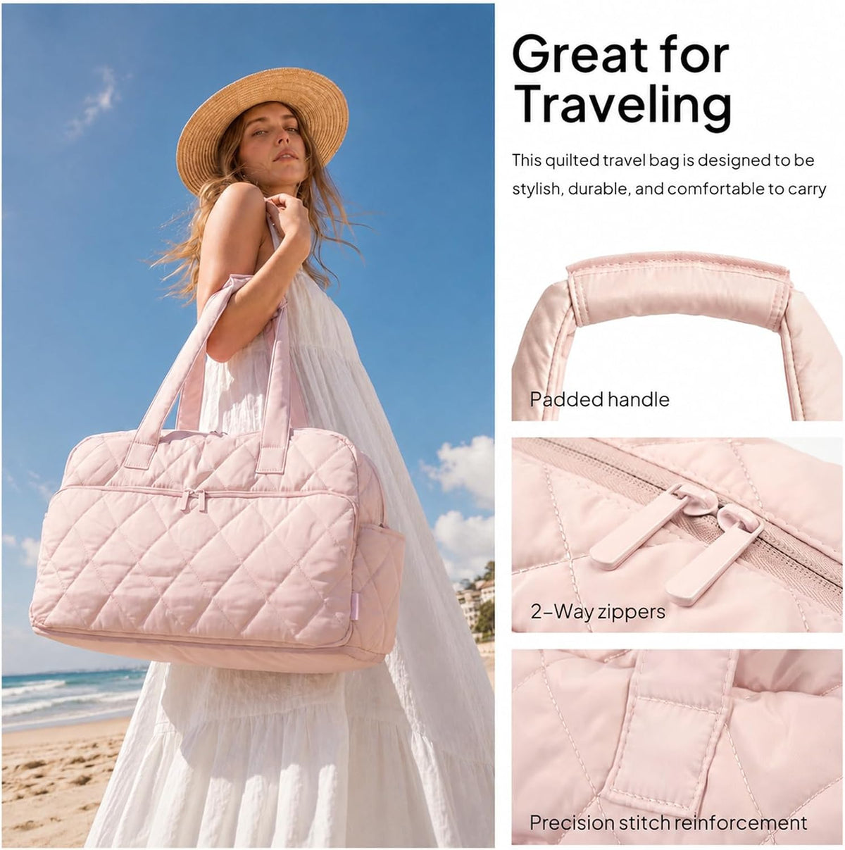 Duffel Bag for Women Travel, Expandable Quilted Weekender Overnight Duffle Bag with Adjustable Strap, Lightweight 33L Personal Item Bag Hospital Bags for Labor and Delivery, Pink