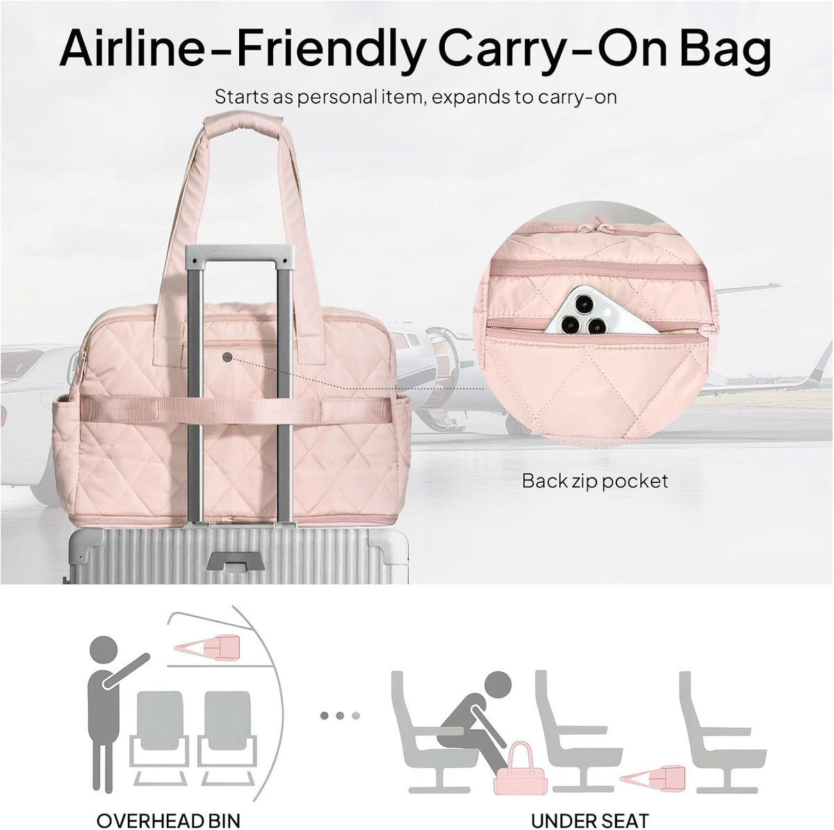 Duffel Bag for Women Travel, Expandable Quilted Weekender Overnight Duffle Bag with Adjustable Strap, Lightweight 33L Personal Item Bag Hospital Bags for Labor and Delivery, Pink