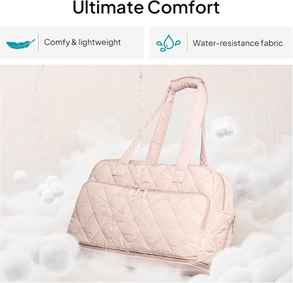 Duffel Bag for Women Travel, Expandable Quilted Weekender Overnight Duffle Bag with Adjustable Strap, Lightweight 33L Personal Item Bag Hospital Bags for Labor and Delivery, Pink