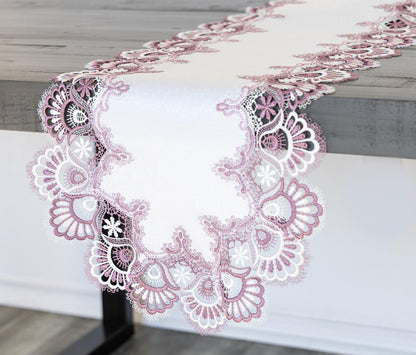 White Mauve Rose Jacquard Peacock Tail Lace Table Runner, Dresser Scarf, Coffee Table Runner, Pink Light Purple (16Wx35L)