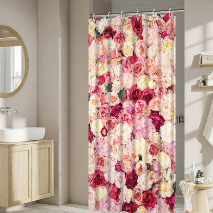 Floral Shower Curtain Red and Pink Rose Flowers Vivid Bright Spring Wedding Beautiful Women Bath Curtain Waterproof Polyester Fabric Bathroom Decor Set with Hooks 36x72inch