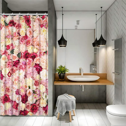 Floral Shower Curtain Red and Pink Rose Flowers Vivid Bright Spring Wedding Beautiful Women Bath Curtain Waterproof Polyester Fabric Bathroom Decor Set with Hooks 36x72inch