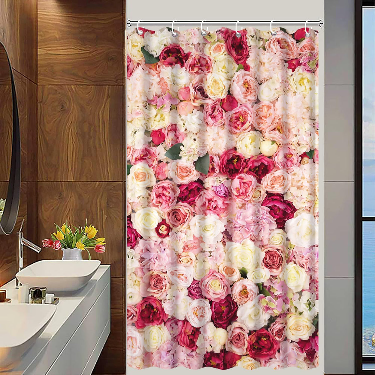 Floral Shower Curtain Red and Pink Rose Flowers Vivid Bright Spring Wedding Beautiful Women Bath Curtain Waterproof Polyester Fabric Bathroom Decor Set with Hooks 36x72inch