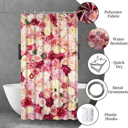 Floral Shower Curtain Red and Pink Rose Flowers Vivid Bright Spring Wedding Beautiful Women Bath Curtain Waterproof Polyester Fabric Bathroom Decor Set with Hooks 36x72inch