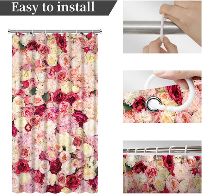 Floral Shower Curtain Red and Pink Rose Flowers Vivid Bright Spring Wedding Beautiful Women Bath Curtain Waterproof Polyester Fabric Bathroom Decor Set with Hooks 36x72inch