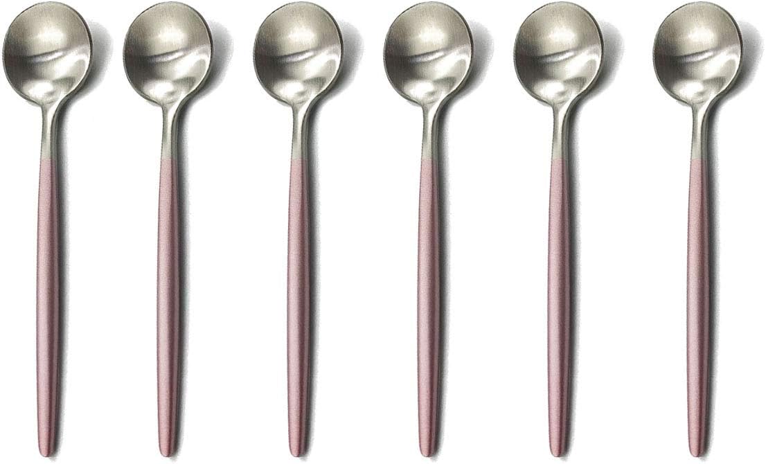Pink Silver Flatware, Royal 6 Pieces Matte Pink Handle 18/10 Stainless Steel Teaspoon Coffee Spoon 4.94", Camping Cutlery Silverware Travel Utensils Set Tableware