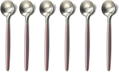 Pink Silver Flatware, Royal 6 Pieces Matte Pink Handle 18/10 Stainless Steel Teaspoon Coffee Spoon 4.94", Camping Cutlery Silverware Travel Utensils Set Tableware