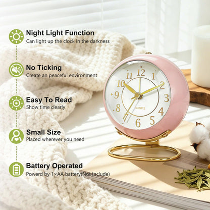 Analog Alarm Clock, Small Retro Desk Clock with Night Light, Backlight Cute Simple Design, Silent Non-Ticking, Battery Powered, for Bedroom,Travel,Kitchen,Bedside Desktop Decor